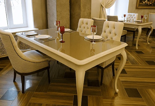 Modern table bases for cafes &mdash; square wooden frames with lacquered tabletops, service for four persons