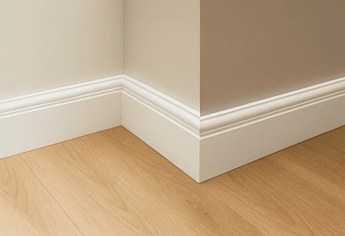 White baseboard in the corner of an apartment against a light wall and wooden floor &mdash; a harmonious interior solution