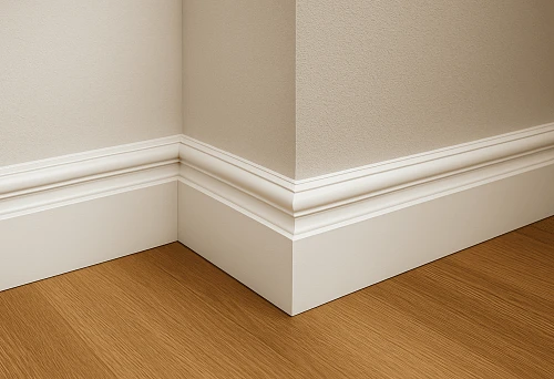 White skirting board for oak floor in modern interior