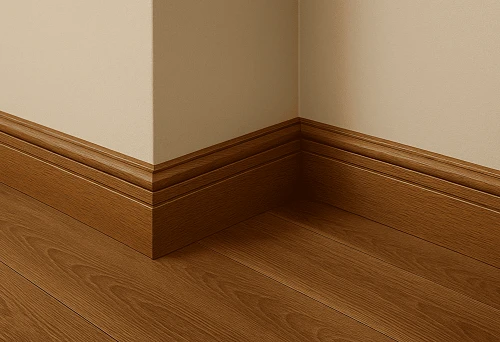 Solid Wood Skirting Board in a Room Corner Against a Light Wall and Wood-Look Floor