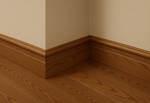 Standard-sized wooden baseboard at the junction of floor and wall
