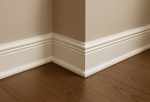 Fashionable white baseboard in interior with wooden flooring