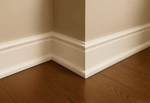 White baseboard in modern interior at the junction of wall and wooden floor