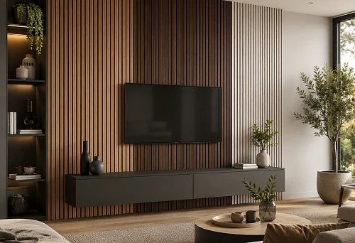 Slatted wall panel for accent finishing in a modern interior