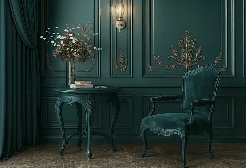 Classic armchair with carved decor and elegant table in an aristocratic interior