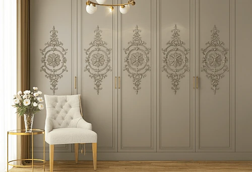 Interior with classic furniture and decorative elements on the cabinet facade.