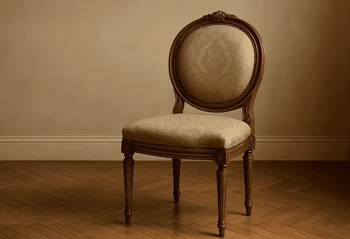 Classic chair with carved wooden frame and soft upholstery.