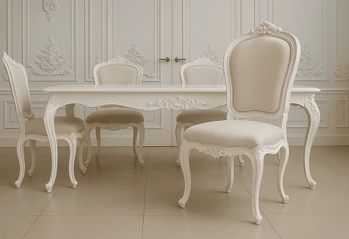 Classic table with carved decor and soft chairs in a light interior