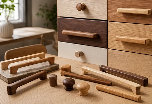 Wooden furniture handles on cabinet and dresser fronts