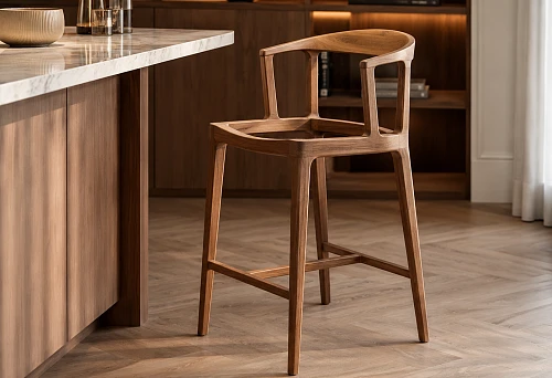 Wooden base of a bar stool with legs and footrest