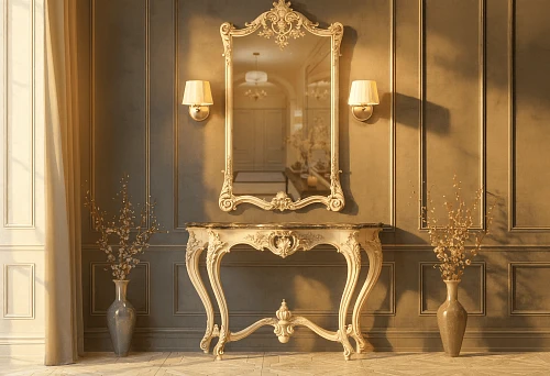 Console and mirror in classic style with carved decor and wall sconces.