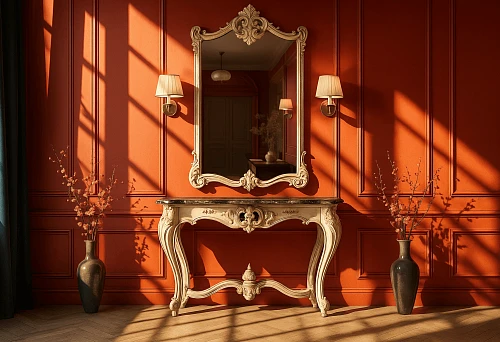 Interior with a baroque mirror and a decorative wooden table.