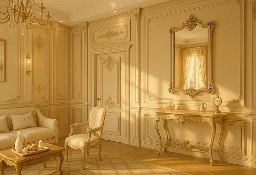Classic living room with carved mirror, console, and elegant armchair