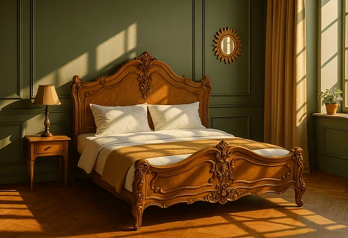 Classic style bed with carved headboard and bedside table
