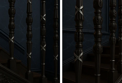 Dark carved balusters with metal elements on a wooden staircase