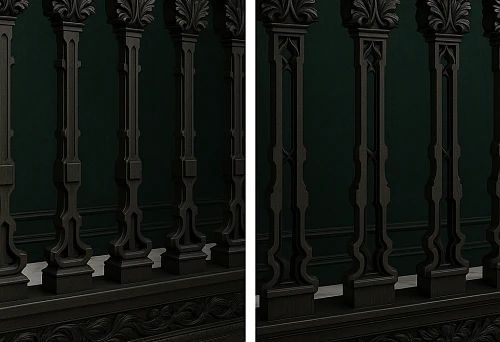 Black carved wooden balusters installed on the stair tread