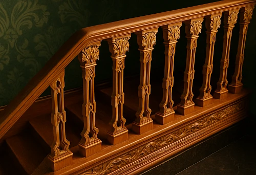 Carved wooden balusters firmly attached to stair treads, detailed view of secure baluster mounting