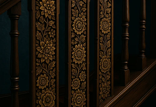 Staircase railing with carved wooden balusters and decorative panels with floral ornament