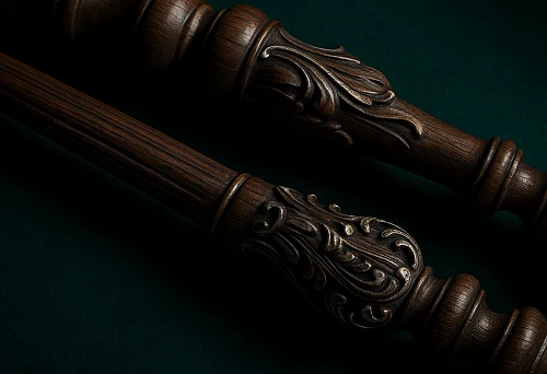 Carved balusters from dark wood with decorative carving on the stringer