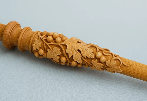 Carved baluster from natural wood with grapevine pattern and expressive leaves