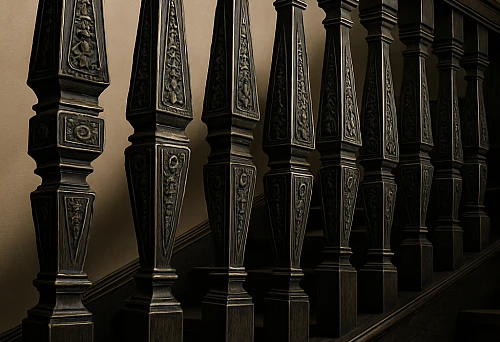 Staircase with massive carved balusters of dark wood and classic handrails