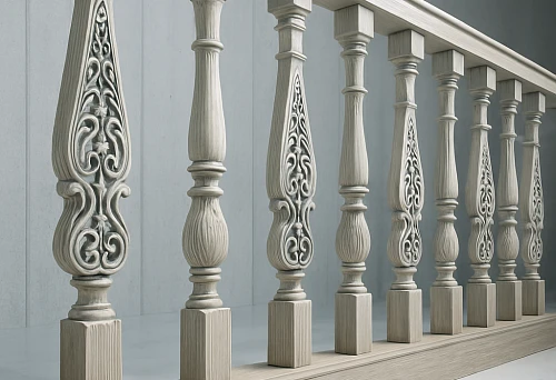 Modern light-colored wooden balusters with decorative carving, professionally mounted on the stair base