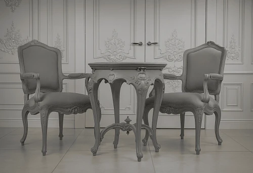 Italian Furniture - Two Armchairs and a Carved Side Table in Classic Style Against an Elegant Interior Background