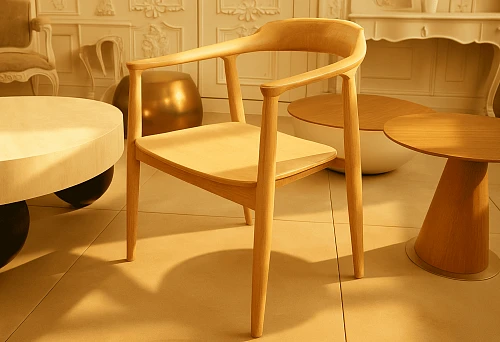 Modern wooden chair in Italian style next to designer tables in a luxurious interior