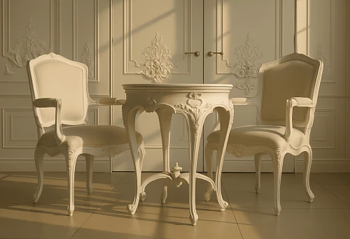 Classic Italian furniture &mdash; two elegant chairs and a carved side table in a bright interior