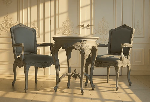 Classic Italian side table and two chairs in an elegant interior
