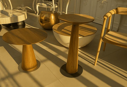 Modern Italian tables and chairs in an interior with soft sunlight