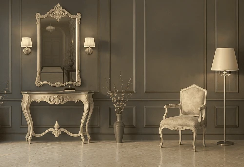 Classic console with mirror and chair in Italian style in an elegant interior