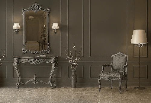Elegant interior with Italian furniture &mdash; console, mirror, and chair