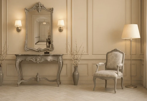 Classic Italian console with mirror and elegant armchair in the living room