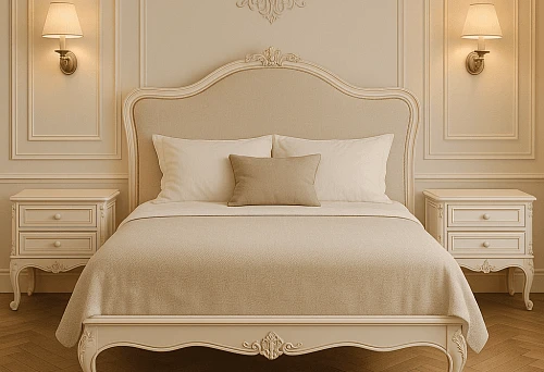 Classic Italian bed with bedside tables in a bright bedroom
