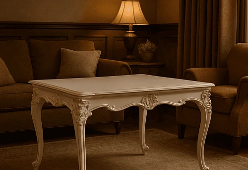 Classic Italian table in the living room interior with warm lamp light