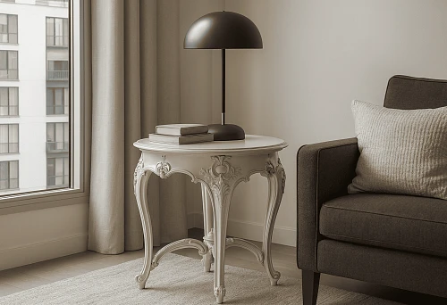 Elegant Italian carved side table next to sofa and lamp in modern interior