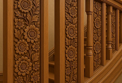 Stair railing with carved wooden panels adorned with three-dimensional floral ornaments