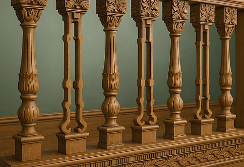 A Row of Carved Wooden Balusters with Massive Decorative Capitals, Installed on a Staircase Base with Carved Ornament