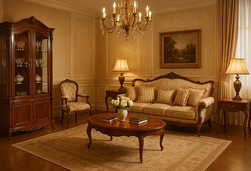 Classic Living Room with Furniture Made of Dark Wood, Carved Sofa and Chair