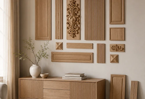 Modern Interior with Wooden Wall Decor: Modular Panels and Ornamental Wooden Elements