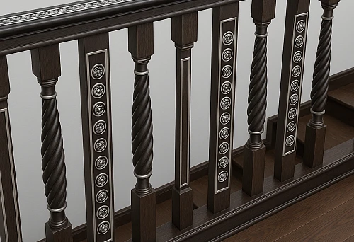 Wooden staircase with carved decorative element and strong baluster mounting