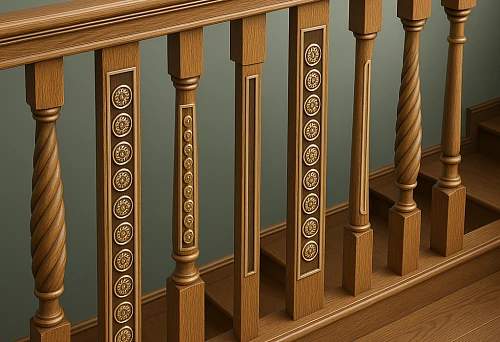 Wooden balusters with decorative elements on the stair railing