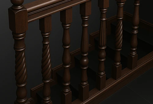 Dark wooden balusters neatly installed along the staircase