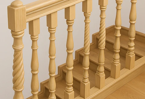 Light wooden balusters of classic shape on the staircase