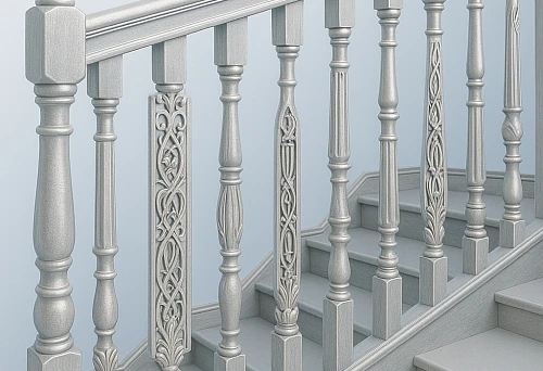 Bright staircase with wooden steps and carved balusters