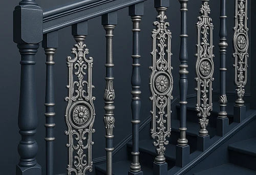 Dark stair balusters with large metallic decorative inserts