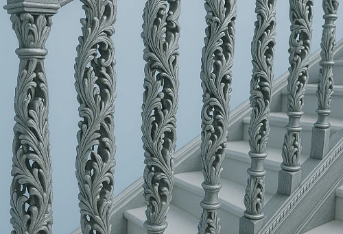 Carved wooden balusters with classic ornament on the staircase