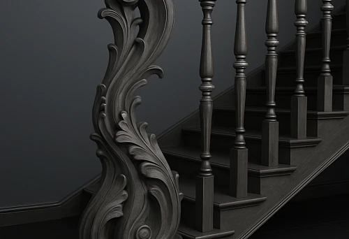 Carved wooden balusters and console for a classic staircase in a modern home