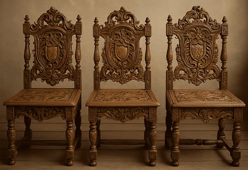 Three classic carved wooden chairs in vintage style with high backs, decorative panels, and intricate ornamentation